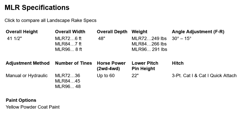 dirt dog rake attachment specs